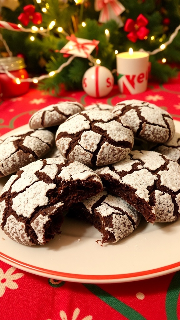 Chocolate Crinkle Cookies Recipe A festive plate of chocolate crinkle cookies dusted with powdered sugar, surrounded by Christmas decorations.